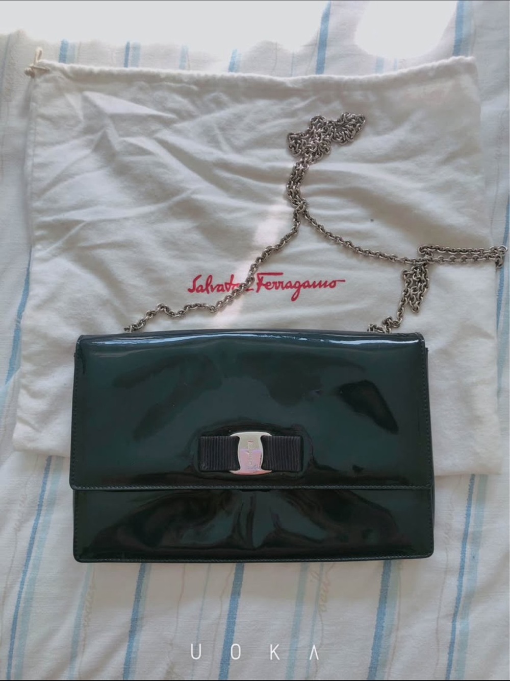 Salvatore Ferragamo Dark Green Patent Leather Vara Chain Crossbody